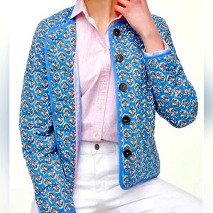 J.Crew Women's Quilted Jacket Size 14 Blue Pink Floral Button Up Long Sleeve